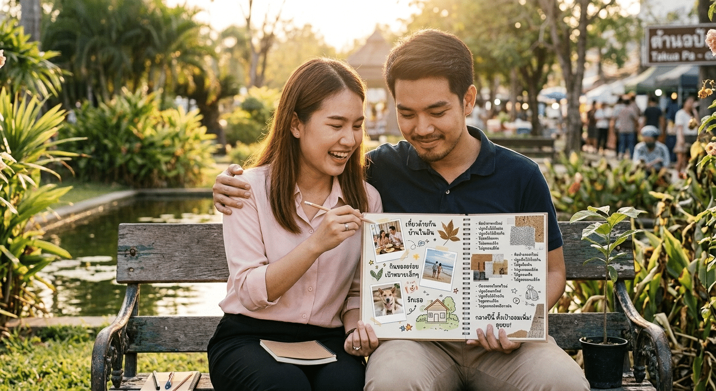 คู่รักที่ยิ้มแย้มนั่งอยู่บนม้านั่งในสวนสาธารณะ กำลังถือและโชว์สมุดบันทึกสีสันสดใสด้วยกัน—พร้อมรอยยิ้มรับกลางปีแล้วนะหัวใจ กรกฎาคม 2026 เต็มไปด้วยความทรงจำแสนอบอุ่น.
