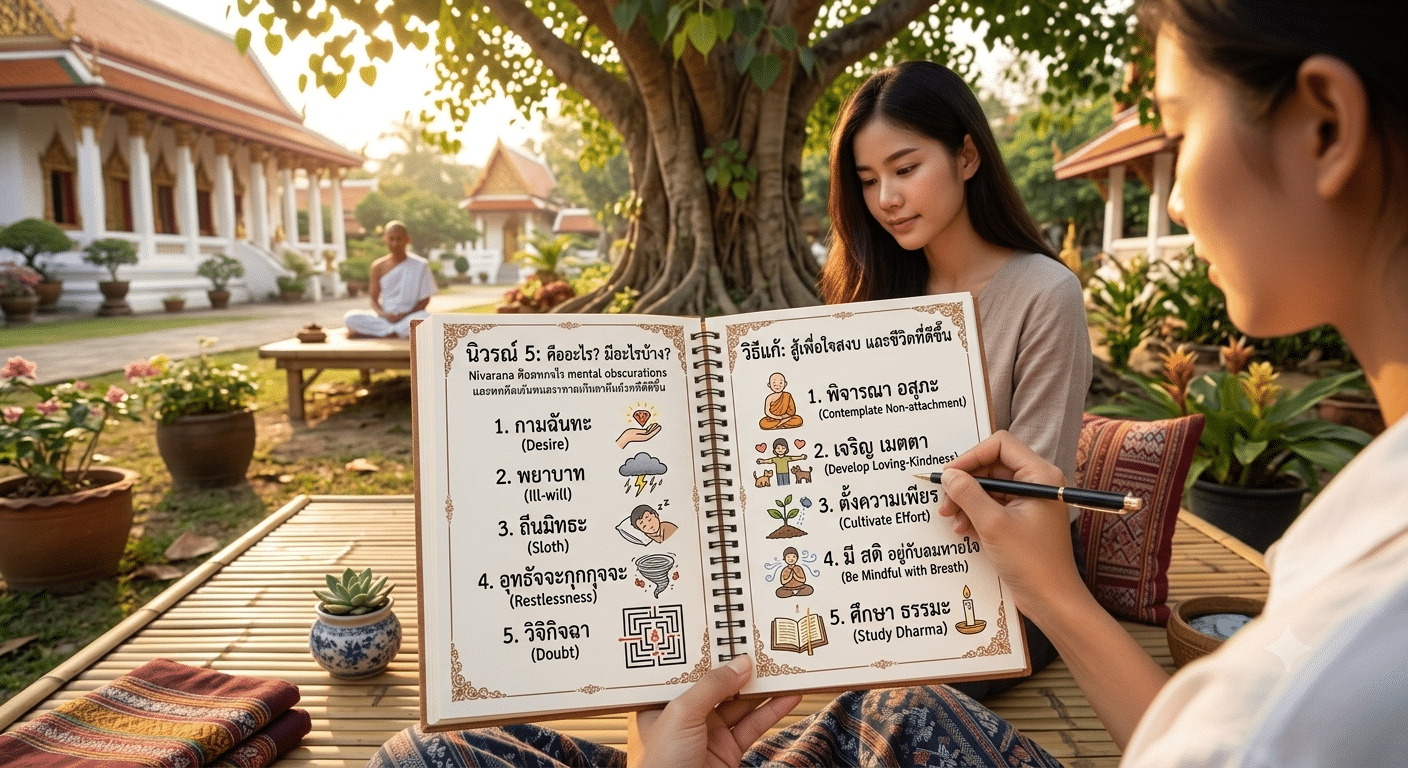 ผู้หญิงสองคนกำลังศึกษาคู่มือภาพประกอบภาษาไทยเกี่ยวกับ เจ้าแม่ทับทิม กลางแจ้งใกล้กับวัด โดยมีพระสงฆ์กำลังนั่งสมาธิอยู่เบื้องหลัง.