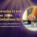 มือกำลังเรียงเหรียญที่มีข้อความภาษาไทยว่า เงินเข้า เงินออก 12 ราศี กรกฎาคม 2026 จะเป็นอย่างไร? สำหรับการทำนายการเงินตามราศี บนพื้นหลังสีม่วง.