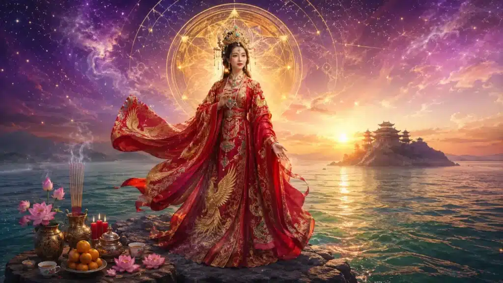 หญิงสาวในชุดราตรีสีแดงประดับประดาอย่างวิจิตร ยืนอยู่ริมสายน้ำยามพระอาทิตย์ตกดิน สัญลักษณ์สีทองส่องประกายรอบกายเธอ พร้อมวิหารหลังงามเป็นฉากหลัง—ถ่ายทอดความสง่างามและเสน่ห์ลึกลับของ เจ้าแม่ทับทิม.