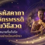 ชายคนหนึ่งกำลังนั่งสมาธิด้วยธูปในมือ ล้อมรอบด้วยแสงสีทองคล้ายออร่า และข้อความภาษาไทยที่มีคาถามหาจักรพรรดิอันศักดิ์สิทธิ์.