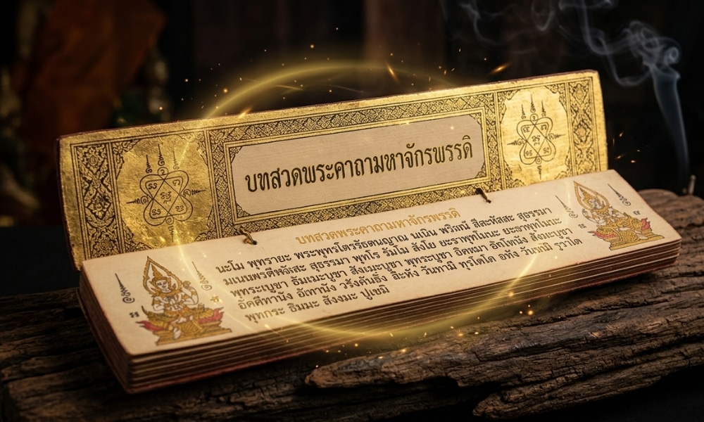 หนังสือพระคัมภีร์ไทยโบราณที่มีปกและตัวอักษรประดับด้วยทองอย่างวิจิตร มีแสงเรืองรองล้อมรอบ วางอยู่บนแผ่นไม้ — เชื่อกันว่ามีคาถามหาจักรพรรดิอันศักดิ์สิทธิ์อยู่ภายในหน้าหนังสือที่ส่องแสง.