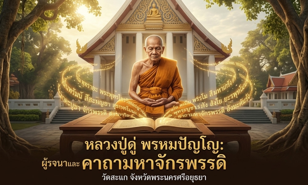 พระภิกษุนั่งสมาธิบนหนังสือที่มีอักษรไทยสีทองจารึกไว้ พร้อมสวดคาถามหาจักรพรรดิอันศักดิ์สิทธิ์ โดยมีวัดที่สงบและต้นไม้เขียวชอุ่มเป็นฉากหลังที่สงบร่มรื่น.