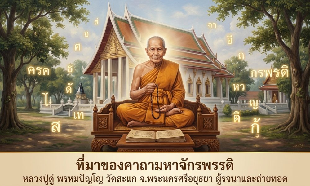 พระภิกษุผู้สูงวัยนั่งขัดสมาธิอยู่ข้างวัด สวดคาถามหาจักรพรรดิอย่างเงียบสงบ ท่ามกลางข้อความภาษาไทยและต้นไม้เขียวชอุ่มใต้ท้องฟ้าสีคราม.