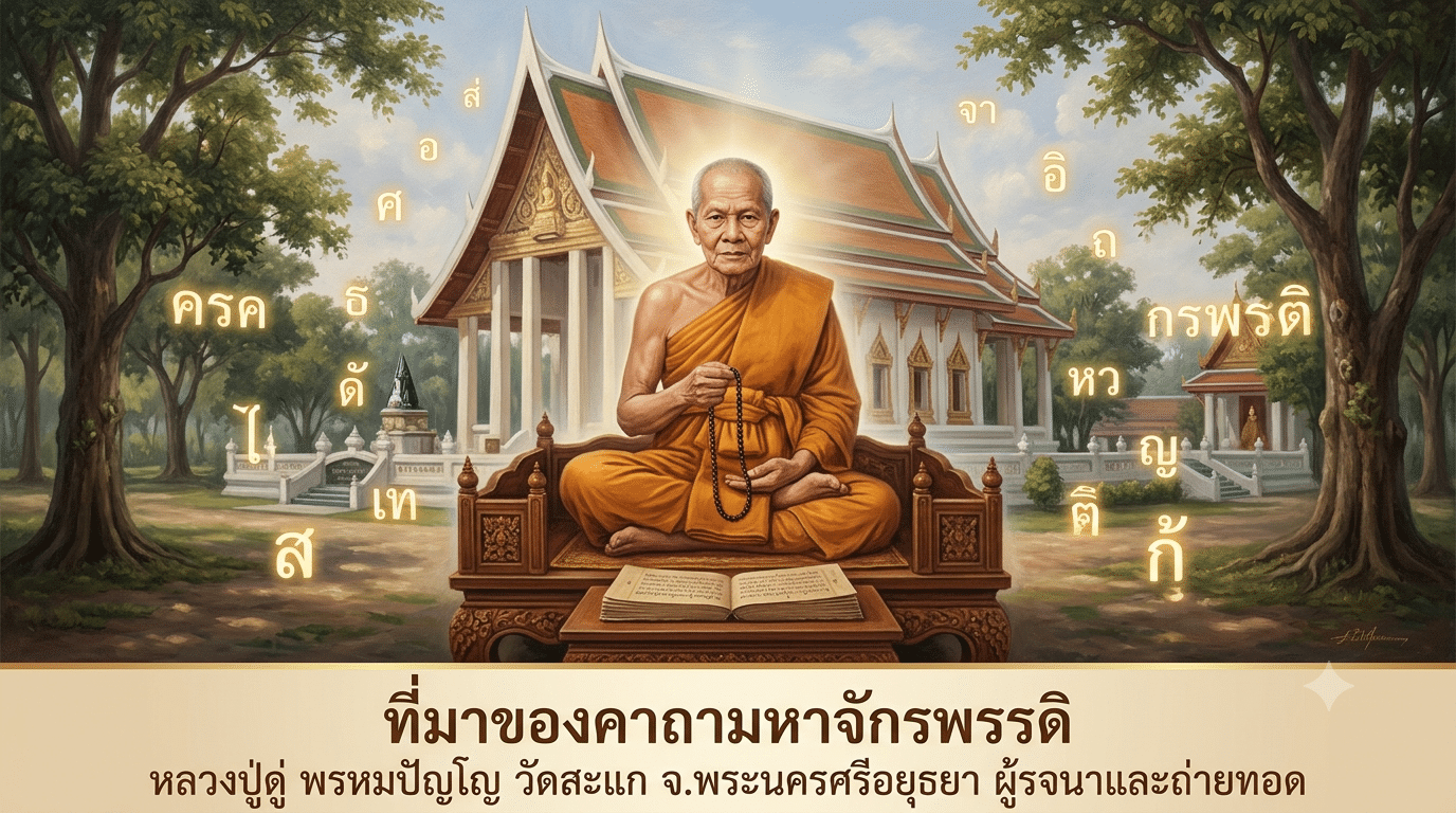 พระภิกษุผู้สูงวัยนั่งสมาธิอยู่กลางแจ้ง ท่ามกลางอักษรไทยและทิวทัศน์วัดวาอารามในแสงนุ่มนวลอบอุ่น ขณะที่คาถามหาจักรพรรดิอันศักดิ์สิทธิ์ค่อยๆ ล่องลอยผ่านบรรยากาศอันสงบเงียบ.