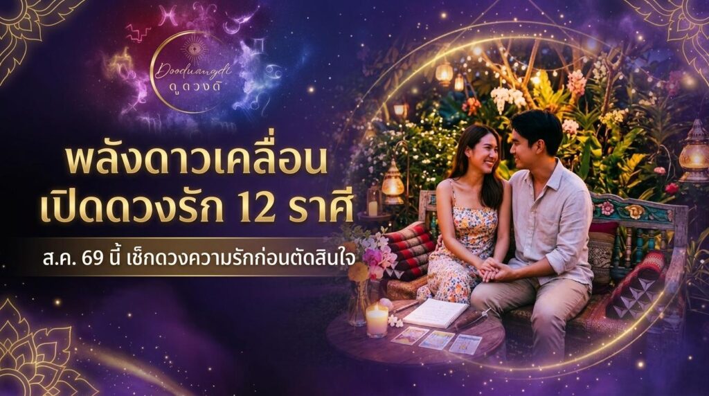 คู่รักนั่งอยู่ด้วยกัน ยิ้มแย้ม มีไพ่ทาโรต์วางอยู่บนโต๊ะ ใต้การตกแต่งที่มีธีมเกี่ยวกับราศี และข้อความภาษาไทยเกี่ยวกับ “ความรัก 12 ราศี สิงหาคม 2569”.