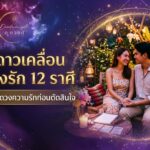 คู่รักนั่งอยู่ด้วยกัน ยิ้มแย้ม มีไพ่ทาโรต์วางอยู่บนโต๊ะ ใต้การตกแต่งที่มีธีมเกี่ยวกับราศี และข้อความภาษาไทยเกี่ยวกับ “ความรัก 12 ราศี สิงหาคม 2569”.