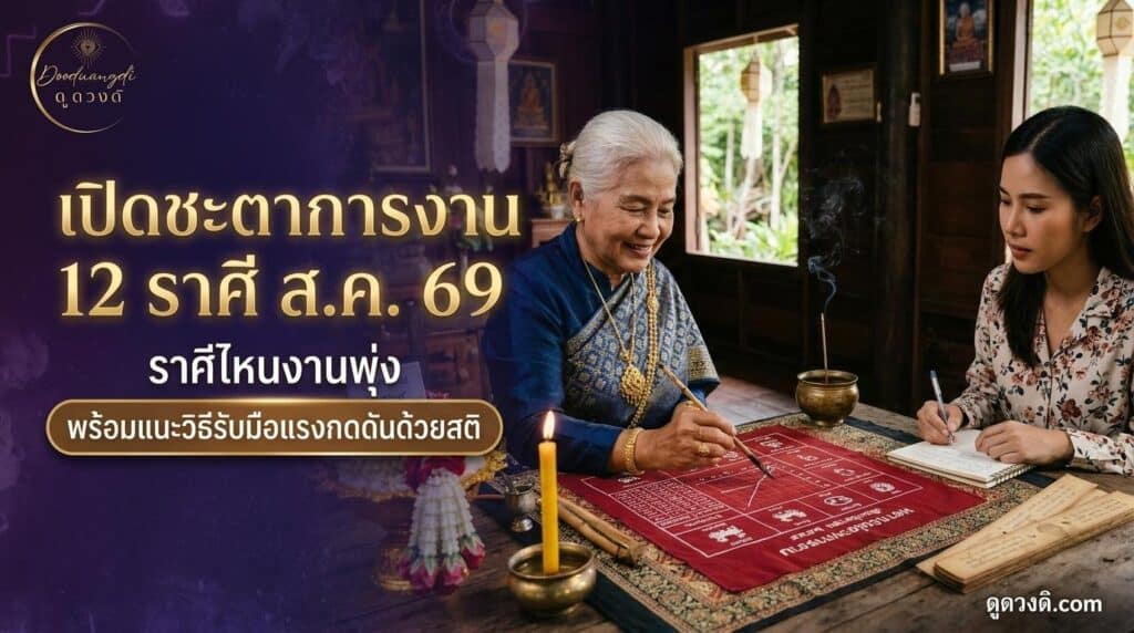 ผู้หญิงสูงอายุคนหนึ่งกำลังอ่านแผนดวงดาวให้ผู้หญิงวัยรุ่นที่โต๊ะไม้ในห้องแบบดั้งเดิม โดยตีความข้อมูลเกี่ยวกับ ดวงการงาน 12 ราศี สิงหาคม 2569 อย่างละเอียด เพื่อเป็นแนวทางให้เธอในช่วงเดือนข้างหน้า.