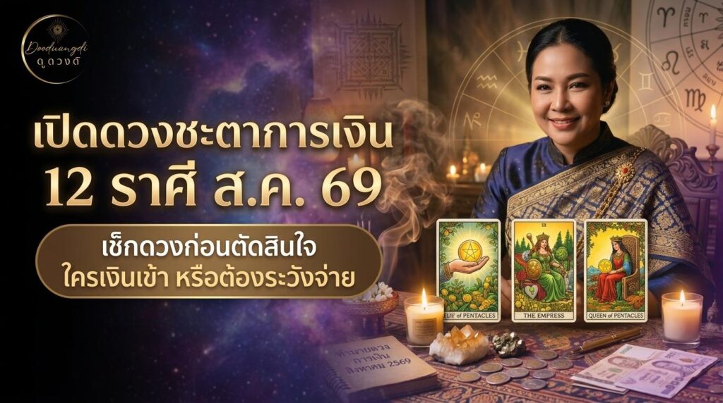 ผู้หญิงที่ยิ้มอยู่ข้างไพ่ทาโรต์ เทียน และเหรียญ; ข้อความภาษาไทยกล่าวถึง ดวงการเงิน 12 ราศี สิงหาคม 2569 และดวงการเงินสำหรับเดือนสิงหาคม 2569.