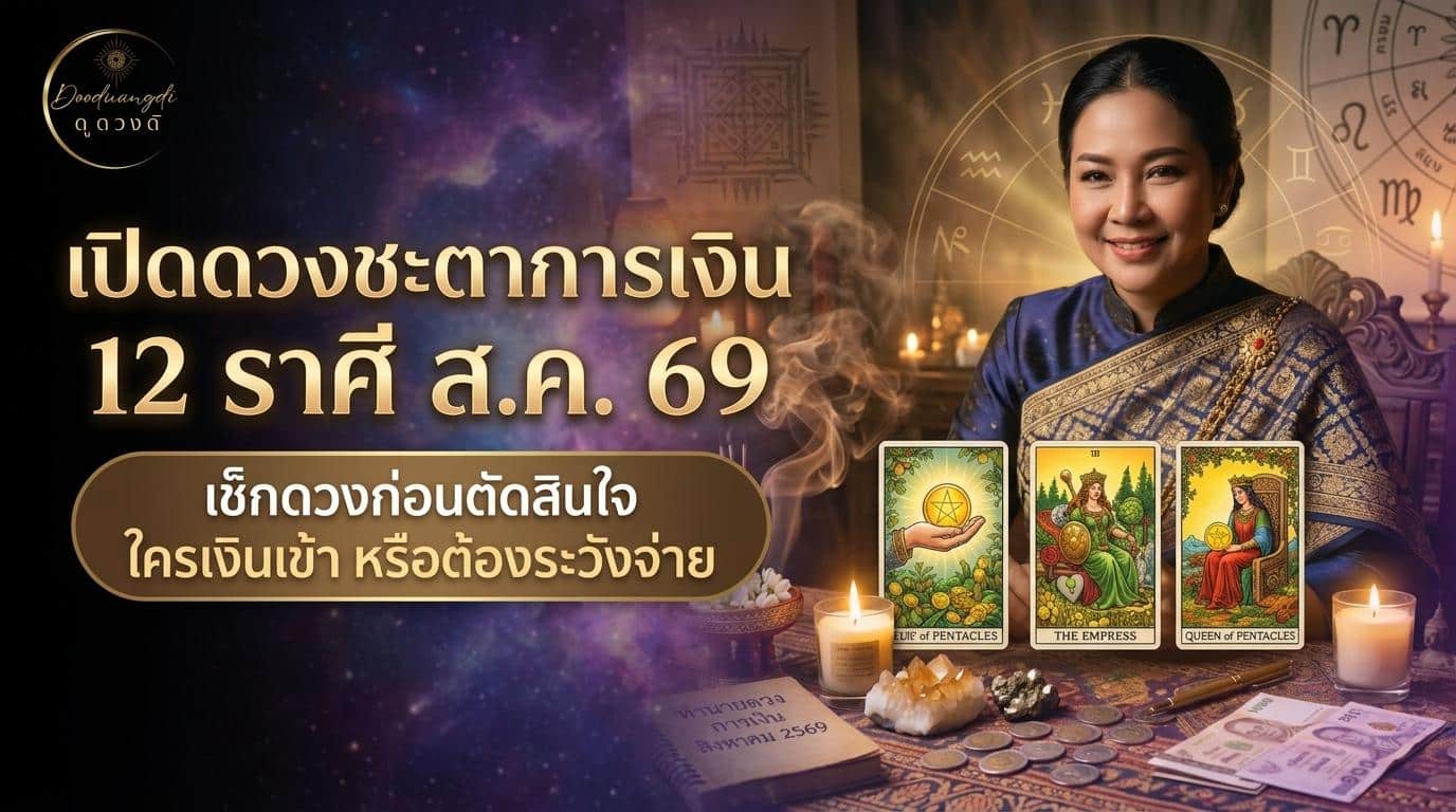 ผู้หญิงที่ยิ้มอยู่ข้างไพ่ทาโรต์ เทียน และเหรียญ; ข้อความภาษาไทยกล่าวถึง ดวงการเงิน 12 ราศี สิงหาคม 2569 และดวงการเงินสำหรับเดือนสิงหาคม 2569.