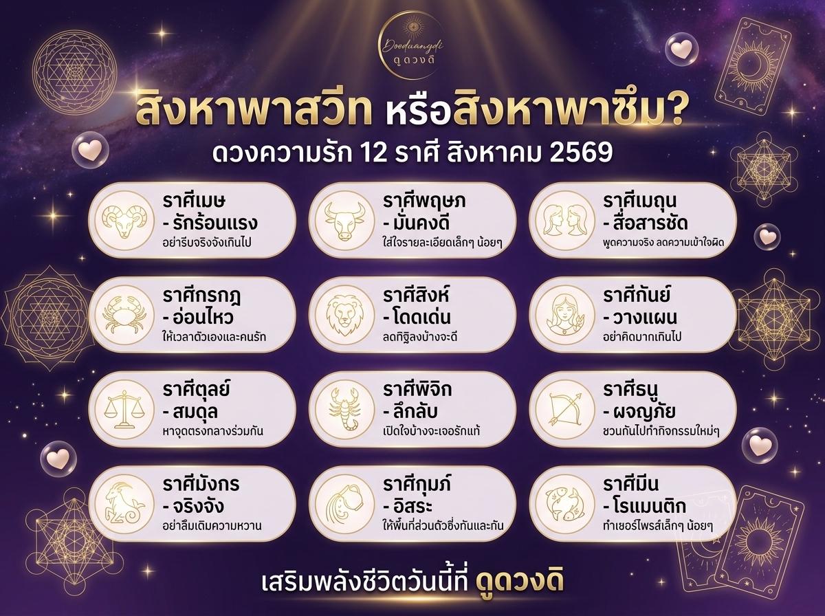 แผนภูมิดวงชะตาไทยสำหรับ 12 ราศี ในเดือนสิงหาคม 2569 ซึ่งเน้นเรื่องความรักของ 12 ราศี ในเดือนสิงหาคม 2569 พร้อมด้วยไอคอนที่ออกแบบอย่างสวยงามและพื้นหลังท้องฟ้าสีม่วงที่ดึงดูดใจ.