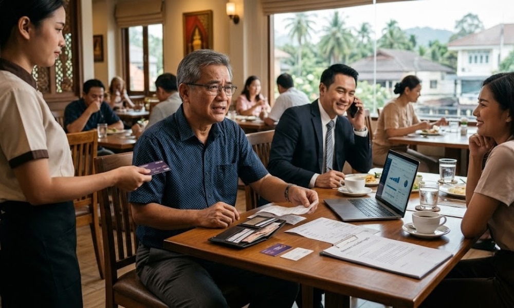 ผู้คนในร้านอาหารกำลังจัดประชุมธุรกิจพร้อมเอกสารและแล็ปท็อป ขณะที่พนักงานเสิร์ฟกำลังรับคำสั่งอาหาร หนึ่งในผู้เข้าร่วมประชุมมองไปที่โทรศัพท์มือถือของตน เพื่อตรวจสอบอย่างรวดเร็วคำทำนายดวงการเงิน 12 ราศี สิงหาคม 2569 ล่าสุด ก่อนที่จะตัดสินใจเรื่องการเงินสำคัญ.