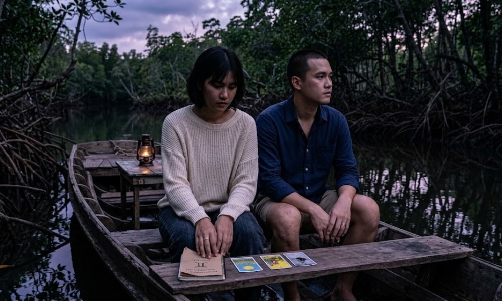 สองคนนั่งบนเรือไม้พร้อมไพ่ทาโรต์และโคมไฟ ล้อมรอบด้วยต้นไม้หนาทึบในยามพลบค่ำ กำลังดูดวงความรักของ 12 ราศี ในเดือนสิงหาคม ปี 2569 ภายใต้แสงยามเย็นที่นุ่มนวล.