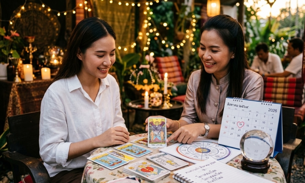 ผู้หญิงสองคนกำลังยิ้มขณะอ่านไพ่ทาโรต์ที่โต๊ะที่มีแสงเทียนส่องสว่าง พร้อมด้วยปฏิทินที่เขียนว่า “ความรัก 12 ราศี สิงหาคม 2569” และลูกแก้วคริสตัลวางอยู่ข้างๆ.