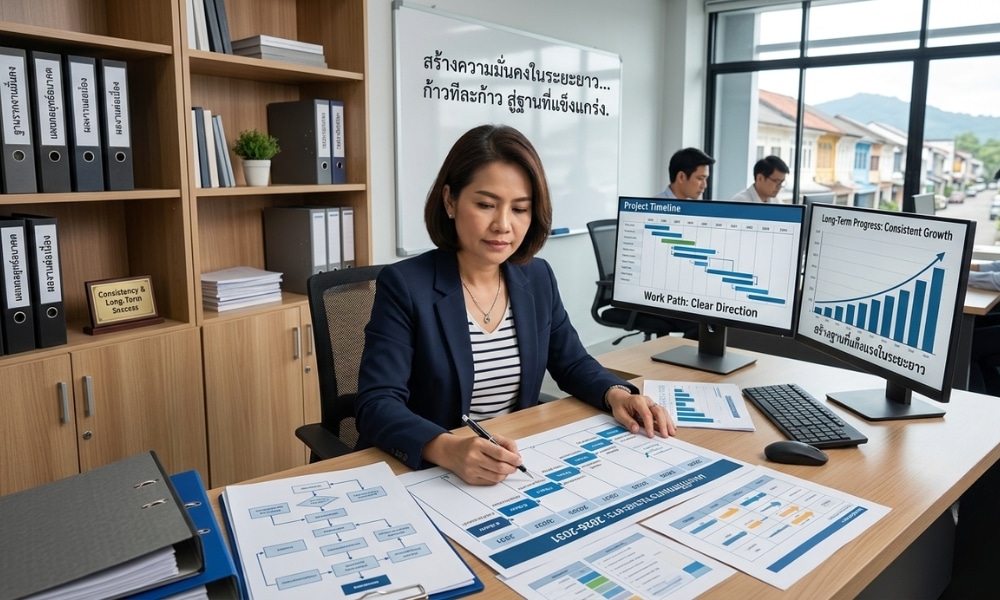 ผู้หญิงกำลังวิเคราะห์แผนภูมิที่โต๊ะทำงาน ซึ่งมีกราฟบนหน้าจอคอมพิวเตอร์และเอกสารในสำนักงานที่จัดเรียงอย่างเป็นระเบียบ กำลังเตรียมรายงานเชิงลึกเกี่ยวกับ ดวงการงาน 12 ราศี สิงหาคม 2569.
