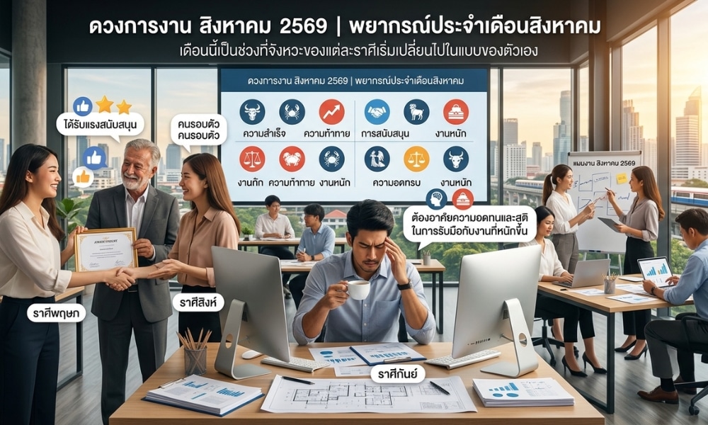 พนักงานสำนักงานทำงานร่วมกันที่โต๊ะทำงานพร้อมด้วยแผนภูมิ สัญลักษณ์ดวงชะตา และข้อความภาษาไทย — โดยเน้นย้ำเรื่อง ดวงการงาน 12 ราศี สิงหาคม 2569 — ที่ปรากฏอย่างเด่นชัด.