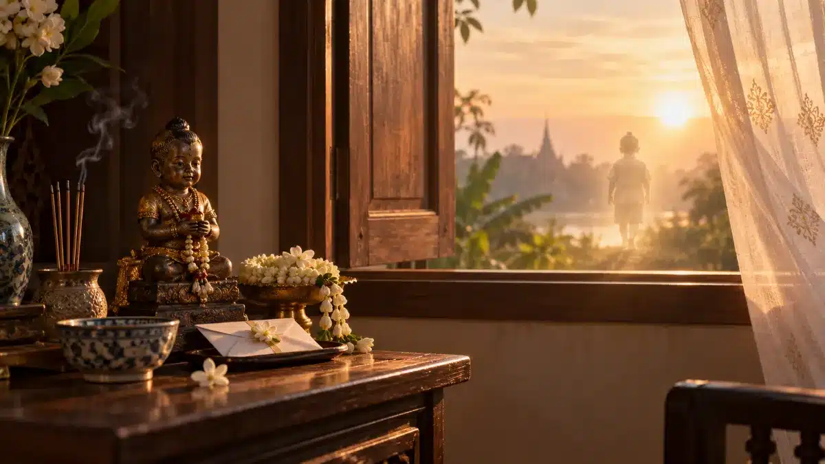 ห้องที่แสงแดดส่องเข้ามา มีพระพุทธรูป รูปกุมารทอง ธูป ดอกไม้ และหน้าต่างที่เปิดอยู่ มองออกไปเห็นพระอาทิตย์ตกและวัด.