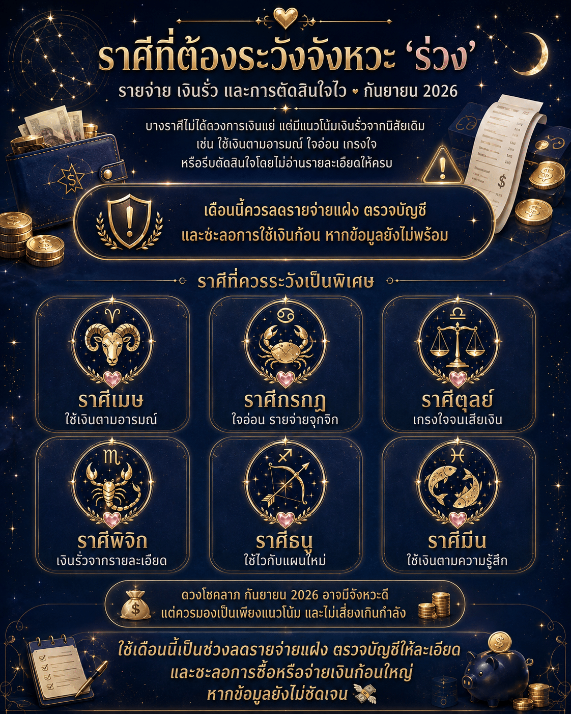 ภาพดวงชะตาภาษาไทย พร้อมสัญลักษณ์ราศี เครื่องประดับสีทอง สัญญาณเตือน และคำแนะนำเกี่ยวกับความโชคร้าย — เหมาะอย่างยิ่งสำหรับผู้ที่ต้องการตรวจสอบดวงการเงินเดือนกันยายน 2026 พร้อมจับตาจังหวะชีวิตที่ต้องเปลี่ยนแปลง เพื่อดูว่าจะรอดหรือร่วงในปีนี้.