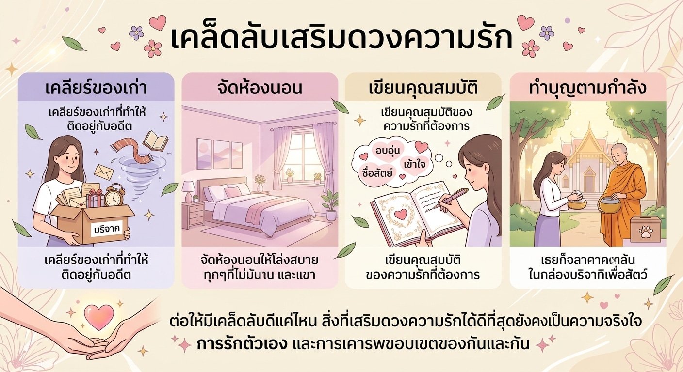 เคล็ดลับพร้อมภาพประกอบในภาษาไทยเพื่อเสริมดวงความรัก ที่ได้รับแรงบันดาลใจจาก “ดวงความรัก กันยายน 2026 เดือนที่หัวใจเริ่มมีคำตอบ” พร้อมภาพการทำความสะอาด การจัดระเบียบ การเขียน และการไปวัด.