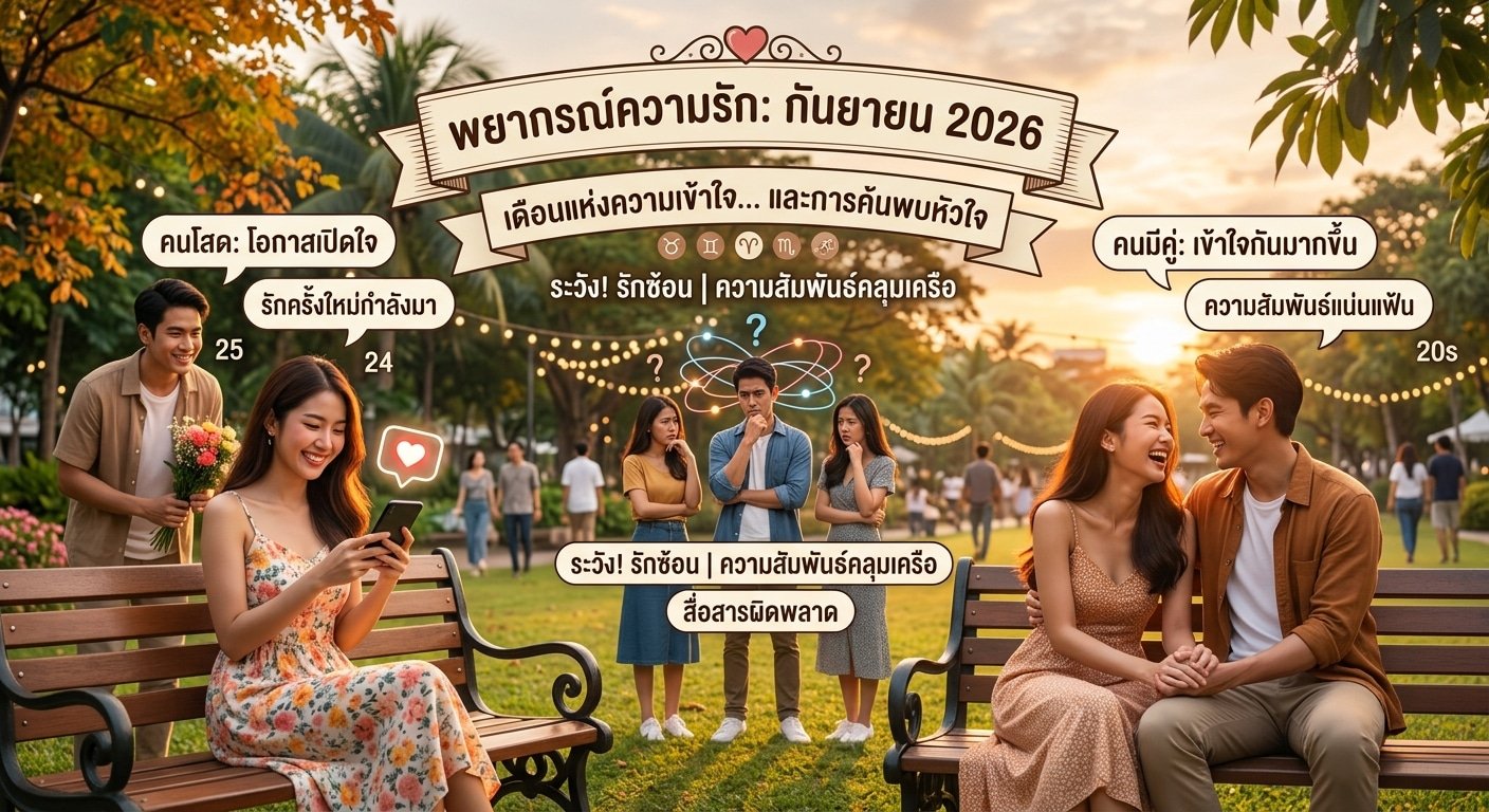 กลุ่มคู่รักวัยหนุ่มสาวที่ยิ้มแย้มและพูดคุยกันในสวนสาธารณะ พร้อมด้วยคำทำนายดวงความรักของไทยสำหรับเดือนกันยายน 2026 ที่ปรากฏอยู่เบื้องหลัง — สะท้อนถึงจิตวิญญาณของ “ดวงความรัก กันยายน 2026 เดือนที่หัวใจเริ่มมีคำตอบ” เมื่อหัวใจเริ่มค้นพบคำตอบของตัวเองในเดือนนี้.