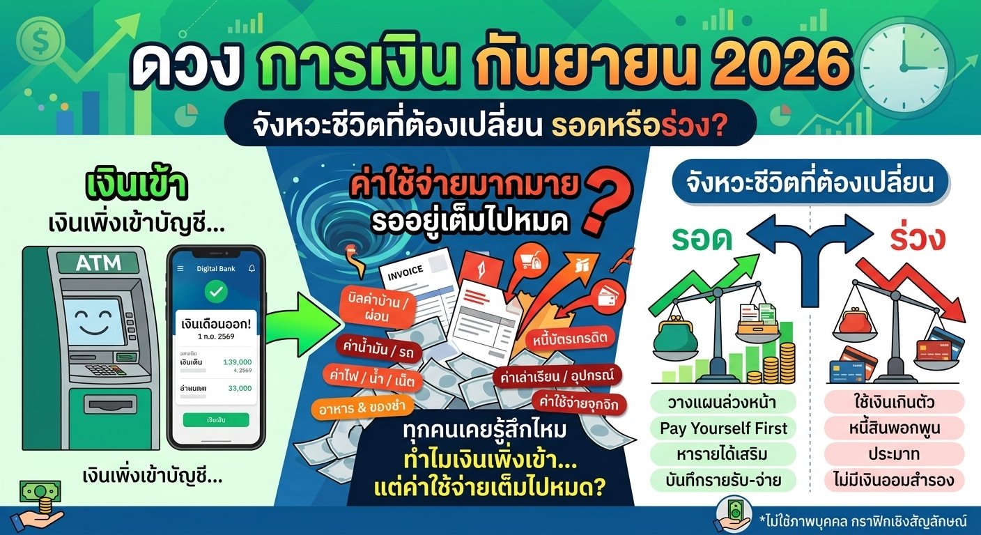 อินโฟกราฟิกภาษาไทยที่แสดงการเช็กดวงการเงินเดือนกันยายน 2026 พร้อมทั้งนำเสนอช่วงเวลาในชีวิตที่จำเป็นต้องเปลี่ยนแปลง ทั้งการรอดหรือตก รวมถึงเคล็ดลับการออมและบริหารเงินอย่างชาญฉลาด.