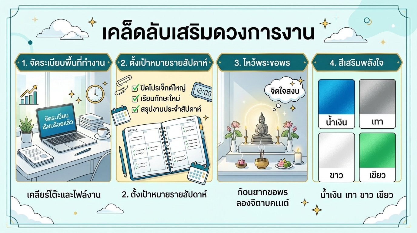 อินโฟกราฟิกภาษาไทยที่มีเคล็ดลับการทำงาน ภาพโต๊ะทำงาน พระพุทธรูป พืช และตัวอย่างสี — พร้อมคำแนะนำ การตรวจสอบดวงการเงินเดือนกันยายน 2026 เพื่อสำรวจจังหวะชีวิตที่ต้องเปลี่ยนแปลง จะรอดหรือร่วงในช่วงเวลาสำคัญนี้.