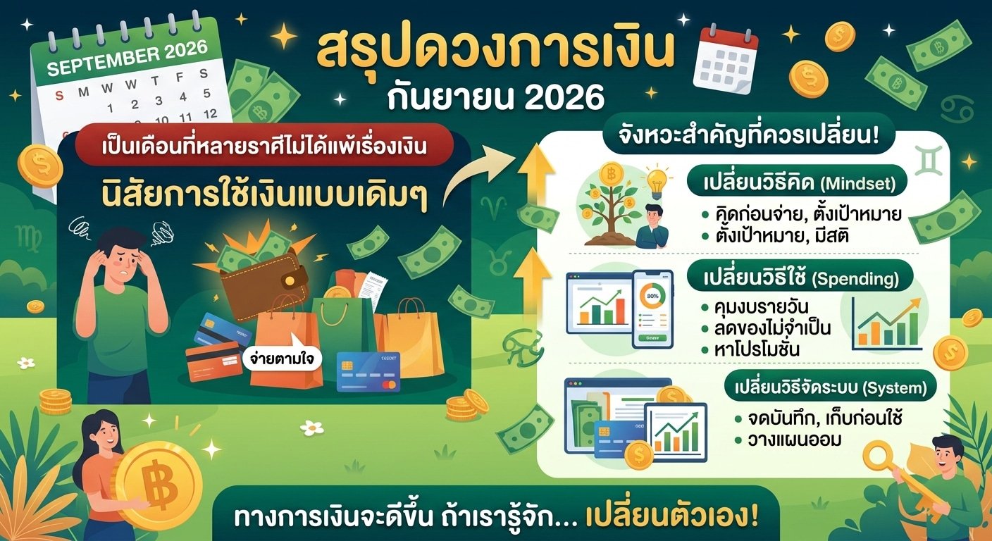 สรุปดวงการเงินเดือนกันยายน 2026 ช่วงชีวิตที่ต้องเปลี่ยนแปลง แนะนำให้ตรวจสอบดวงและปรับทัศนคติ รวมถึงวิธีใช้เงินเพื่อปรับปรุงสภาพการเงินให้ดีขึ้น การจะรอดหรือตกอยู่ในมือคุณเอง!.