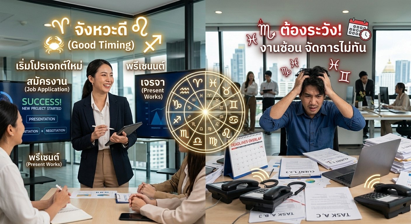 พนักงานออฟฟิศที่มีราศีต่าง ๆ รวมตัวกันรอบแผนภูมิดวงชะตา ขณะที่ข้อความเกี่ยวกับการสมัครงาน การทำงาน และความเครียดปรากฏขึ้นทั่วทั้งฉาก — สะท้อนบรรยากาศของ “เช็กดวงการเงิน กันยายน 2026 จังหวะชีวิตที่ต้องเปลี่ยน รอดหรือร่วง”.