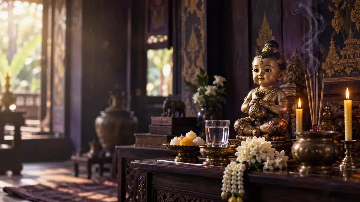 รูปปั้นทองสัมฤทธิ์ของกุมารทอง เทพเจ้าเด็ก ตั้งอยู่บนแท่นบูชา พร้อมด้วยเทียน ดอกไม้ ธูป และเครื่องบูชา ในวัด.