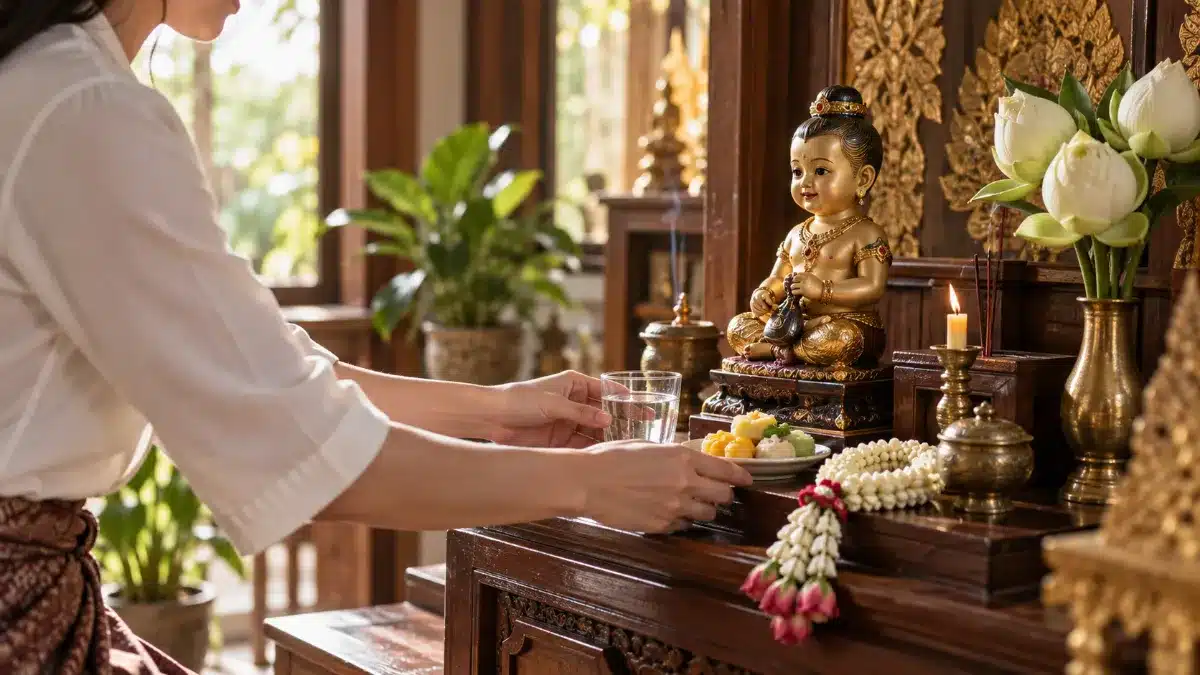 ผู้หญิงคนหนึ่งกำลังวางของบูชาลงหน้าพระพุทธรูปและกุมารทอง บนแท่นบูชาไม้ที่ประดับด้วยดอกไม้และเทียน.