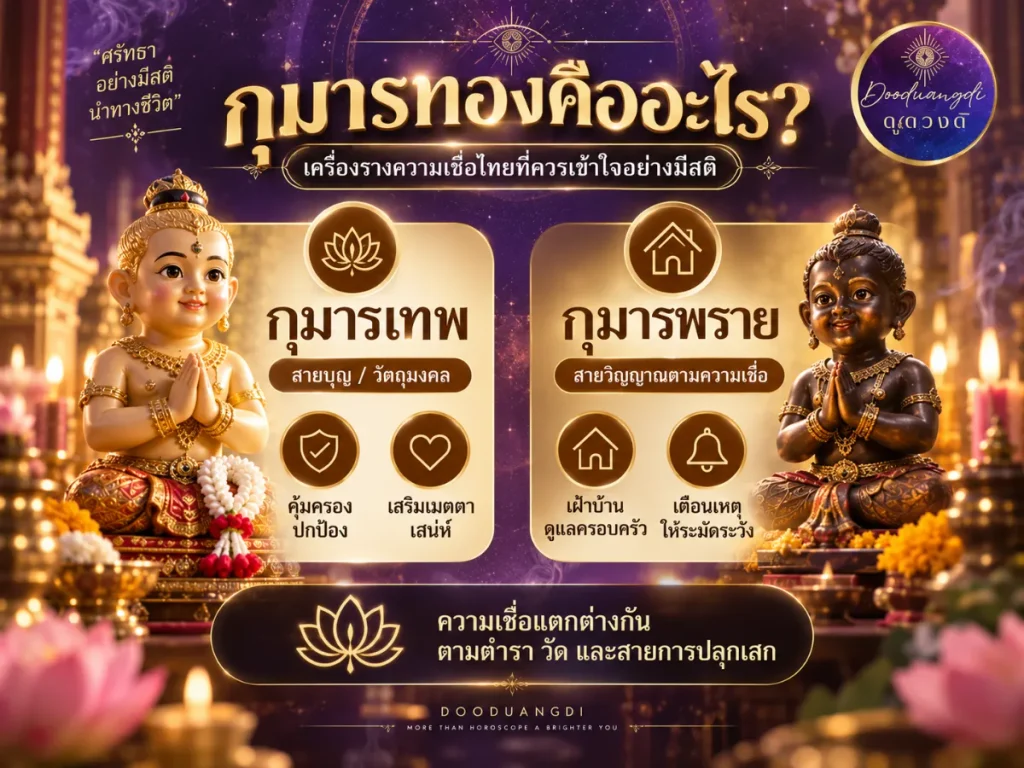 อินโฟกราฟิกภาษาไทยที่เปรียบเทียบความเชื่อสองอย่าง: “กุมารทอง” และ “กุมารไพร” พร้อมรูปปั้นทองและข้อความให้ข้อมูล.