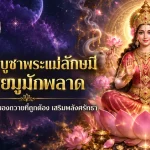 พระแม่ลักษมีประทับนั่งบนดอกบัวประดับด้วยเครื่องประดับทอง ล้อมรอบด้วยดอกบัวที่เรืองแสงและแสงลึกลับที่เต็มไปด้วยดวงดาว ซึ่งสื่อถึงพระสิริศักดิ์สิทธิ์ของพระองค์ ความสง่างามอันสงบของพระองค์ทั้งน่าหลงใหลและน่าเคารพ ทำให้ผู้ศรัทธาตระหนักถึงการถวายความเคารพด้วยความศรัทธาอย่างจริงใจ และปฏิบัติตามข้อห้ามสำคัญในการประกอบพิธีกรรม.