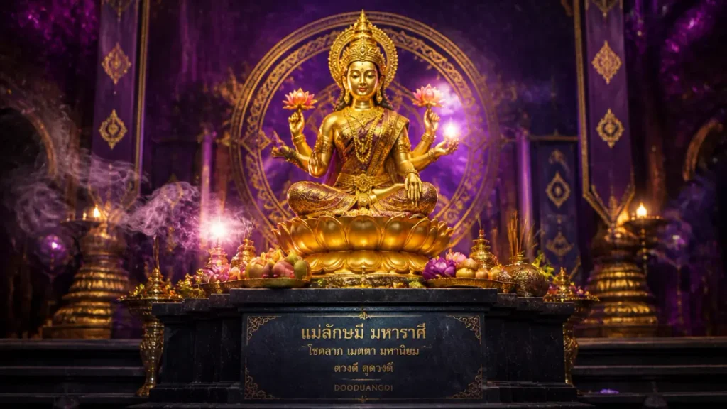 รูปปั้นเทพเจ้าหลายแขนสีทอง ที่ทำให้นึกถึงพระแม่ลักษมี นั่งบนดอกบัว ท่ามกลางการตกแต่งสีม่วงที่เปล่งประกาย และถูกล้อมรอบด้วยเครื่องบูชา บรรยากาศที่สงบเงียบนี้ชวนให้รู้สึกเคารพและระลึกถึงข้อห้าม พร้อมทั้งให้เกียรติประเพณีและแสดงความเคารพ.