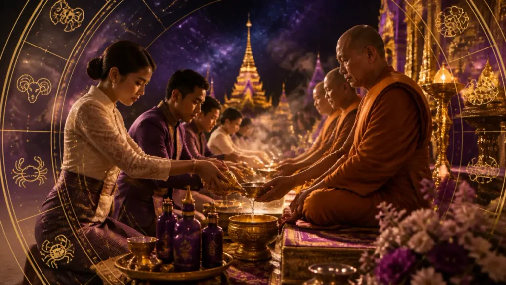 ผู้คนกำลังถวายของแด่พระภิกษุในจีวรสีส้ม ณ วัดแห่งหนึ่ง ซึ่งถูกล้อมรอบด้วยเครื่องประดับสีทองและแสงสีม่วง — บรรยากาศที่ดูเหนือจริงจนแทบรู้สึกเหมือนได้ก้าวเข้าสู่ความฝัน หรือฝันเห็นเปรต ซึ่งผสมผสานระหว่างความศักดิ์สิทธิ์กับความลึกลับ.