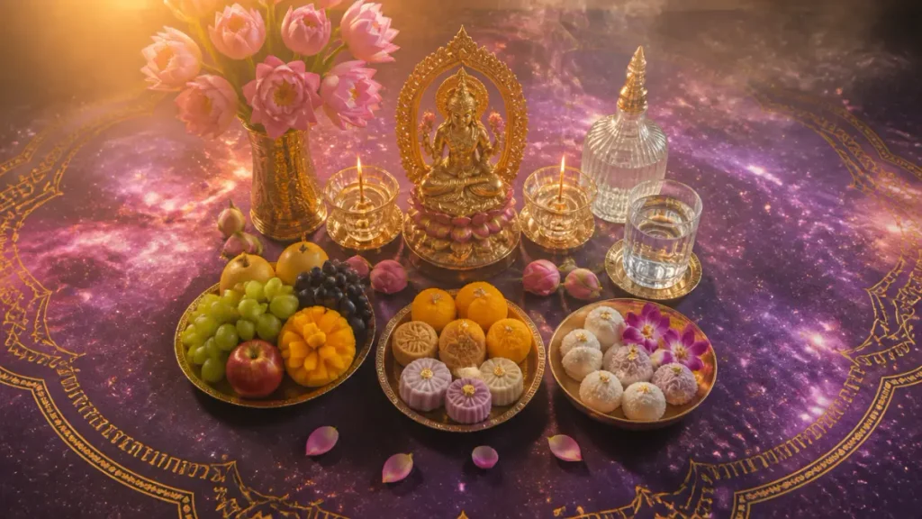 ของถวาย ได้แก่ ผลไม้ ขนมหวาน และน้ำ ถูกวางไว้หน้าพระรูปทองที่แทนพระแม่ลักษมี บนผ้าสีม่วงที่ตกแต่งด้วยดอกบัว พร้อมทั้งปฏิบัติตามข้อห้ามที่เหมาะสมระหว่างพิธี.