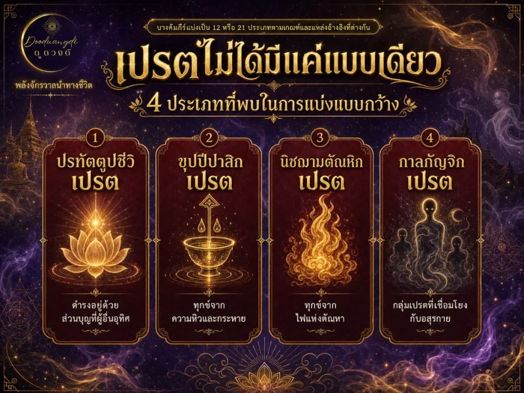 อินโฟกราฟิกตกแต่งที่แสดงสี่ประเภทของวิญญาณ พร้อมด้วยภาพวาดลึกลับสีทองและข้อความภาษาไทย ซึ่งได้รับแรงบันดาลใจจากธีมที่น่าสนใจของ “ฝันเห็นเปรต”.