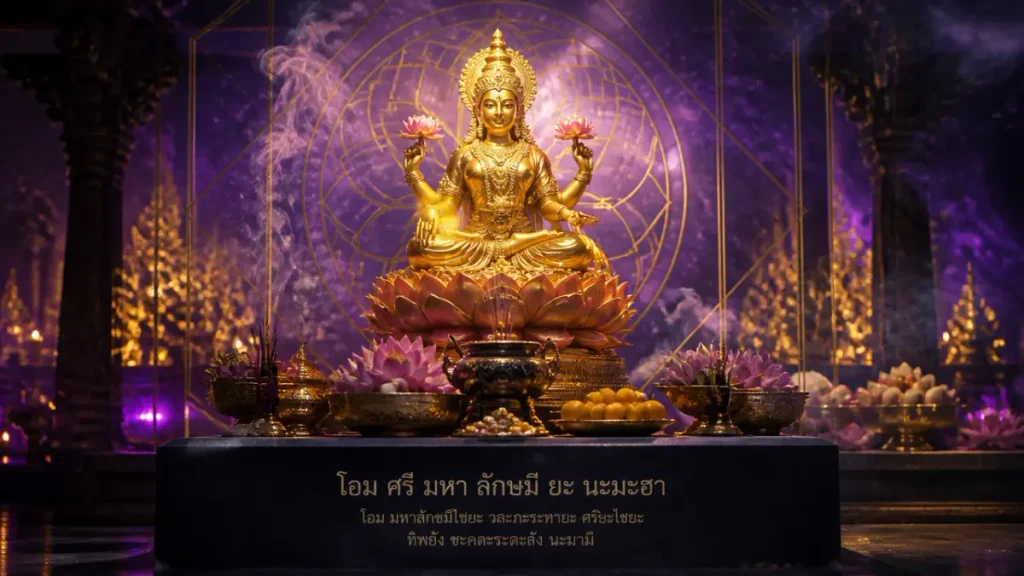 รูปปั้นพระแม่ลักษมี เทพีฮินดูสีทอง พร้อมด้วยดอกบัว ควันธูป และเครื่องบูชา ภายในวัดที่ประดับประดาอย่างวิจิตรและเรืองรอง บรรยากาศเต็มไปด้วยความเคารพ เมื่อผู้มาสักการะปฏิบัติตามข้อห้ามอย่างเคร่งครัดระหว่างพิธีกรรม.