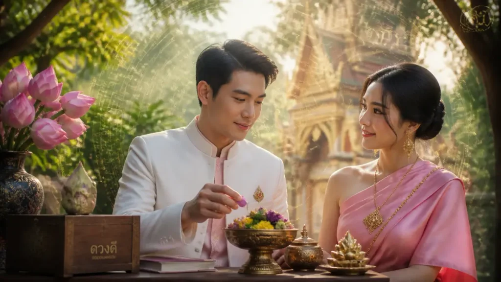 ชายและหญิงสองคนในชุดพื้นเมืองไทยกำลังรับประทานอาหารร่วมกันที่โต๊ะกลางแจ้ง ซึ่งตกแต่งด้วยดอกไม้และเครื่องประดับอันวิจิตร พร้อมทั้งปฏิบัติตามข้อห้ามที่เกี่ยวข้องกับการบูชาพระแม่ลักษมี.