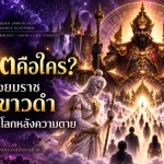 โปสเตอร์สไตล์แฟนตาซีที่มีข้อความภาษาไทย รูปภาพสิ่งมีชีวิตลึกลับ แสงสว่างระยิบระยับ วัดวาอาราม และประตูใหญ่ที่ตกแต่งอย่างวิจิตร ซึ่งได้รับการคุ้มครองโดยวิญญาณ ยมทูต.