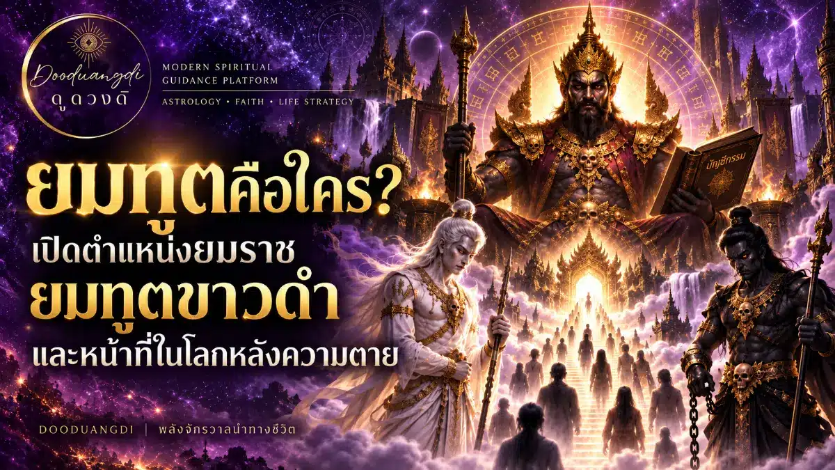 โปสเตอร์สไตล์แฟนตาซีที่มีข้อความภาษาไทย รูปภาพสิ่งมีชีวิตลึกลับ แสงสว่างระยิบระยับ วัดวาอาราม และประตูใหญ่ที่ตกแต่งอย่างวิจิตร ซึ่งได้รับการคุ้มครองโดยวิญญาณ ยมทูต.
