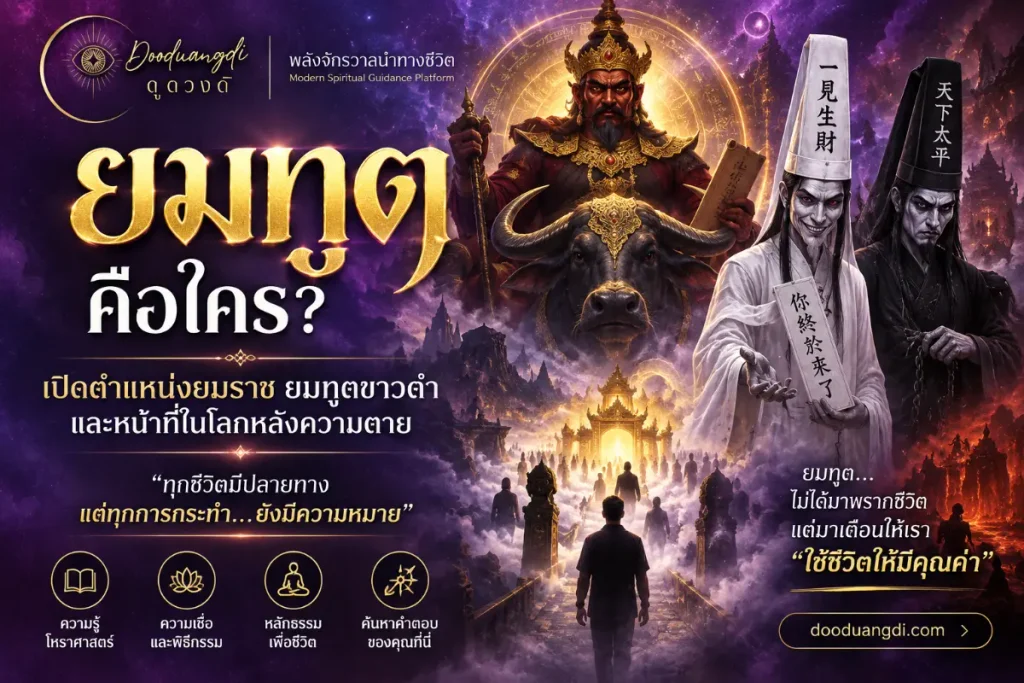 โปสเตอร์ลึกลับที่มีข้อความภาษาไทย แสดงภาพตัวละครทางจิตวิญญาณสองตัว — ตัวหนึ่งคล้ายยมทูต — พร้อมด้วยสัญลักษณ์เวทมนตร์ ในธีมสีมืดที่เรืองแสง.