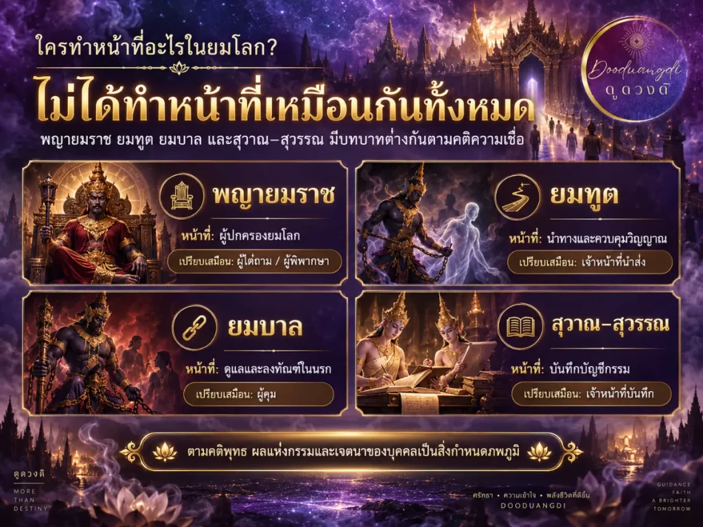 อินโฟกราฟิกภาษาไทยที่มีรูปภาพของเทพสี่องค์ ข้อความสีทอง และพื้นหลังสีม่วง ซึ่งอธิบายบทบาทของเทพแต่ละองค์ในพุทธศาสนา รวมถึง ยมทูต.