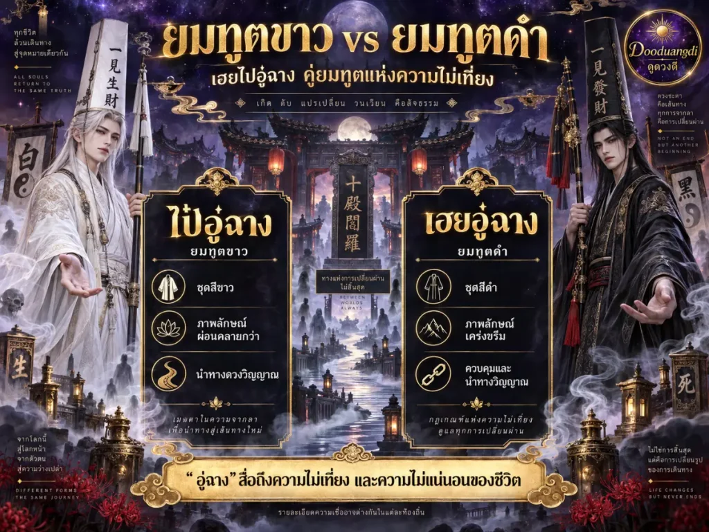 ตัวละครแฟนตาซีสองตัวในชุดเครื่องแต่งตัวที่ประดับประดาอย่างวิจิตร ยืนอยู่ท่ามกลางโคมไฟและวัด พร้อมด้วยข้อความภาษาไทยที่เปรียบเทียบระหว่าง “ทางขาว” และ “ทางดำ” ตัวหนึ่งมีลักษณะคล้ายยมทูต ซึ่งช่วยเพิ่มบรรยากาศลึกลับให้กับฉากนี้.