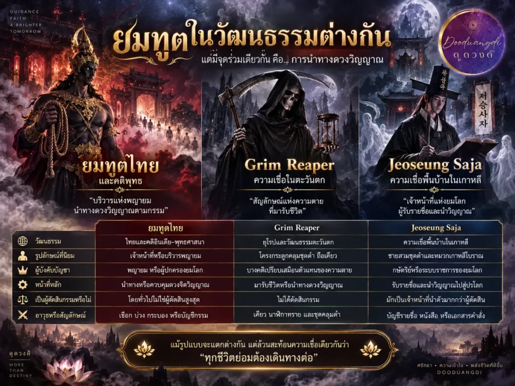 มีรูปปั้นของตัวละครในตำนานสามตัวตั้งอยู่ พร้อมด้วยแผนภูมิที่แสดงการเปรียบเทียบอย่างละเอียดระหว่าง ยอมมาธา, กริม รีเปอร์ และ โจซุง ซาจา ในจำนวนนี้ การปรากฏตัวของ ยมทูต — เทพเจ้าแห่งความตายตามความเชื่อของไทย — ช่วยเน้นย้ำถึงความหลากหลายที่น่าสนใจในวิธีที่วัฒนธรรมต่าง ๆ นำมาใช้เพื่อแสดงถึงจุดจบของชีวิต.