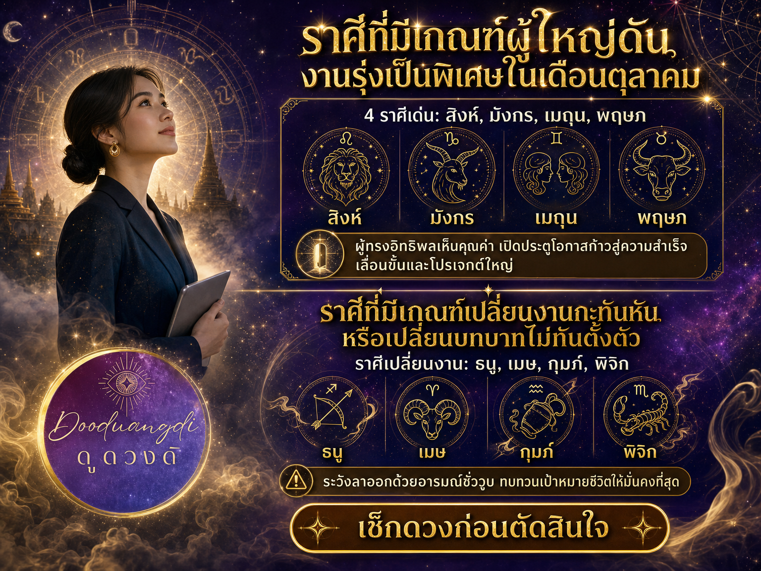 อินโฟกราฟิกในธีมโหราศาสตร์ที่แสดงดวงการงานในเดือนตุลาคม 2026 สำหรับราศีต่าง ๆ.