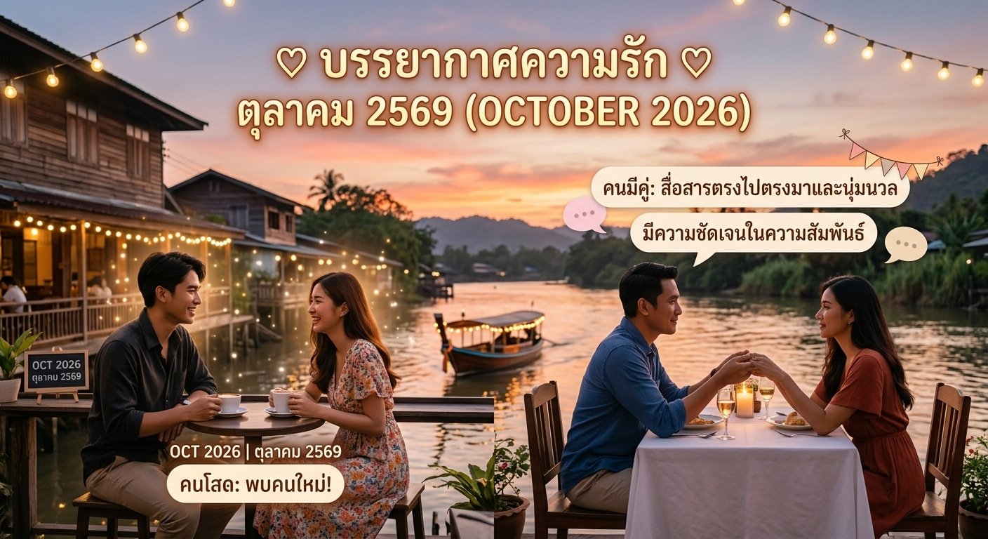 สองคู่รักกำลังรับประทานอาหารริมแม่น้ำในยามพระอาทิตย์ตกดิน พร้อมทั้งครุ่นคิดถึงความรักและดวงความรักของพวกเขาสำหรับเดือนตุลาคม 2026.