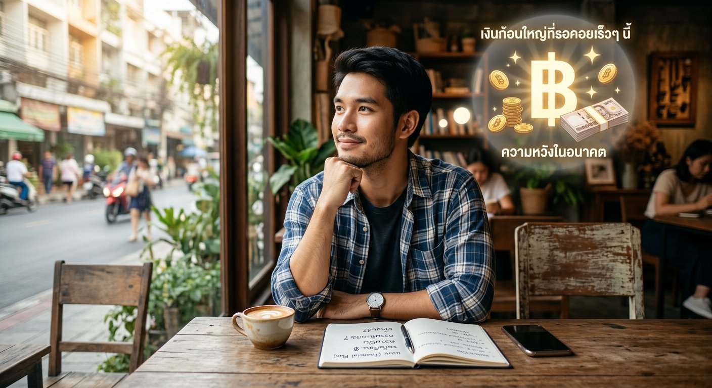 ชายคนหนึ่งนั่งอยู่ที่โต๊ะในคาเฟ่ พร้อมด้วยสมุดบันทึก และกำลังดูภาพสัญลักษณ์เงินบาทไทยและเงินสด.