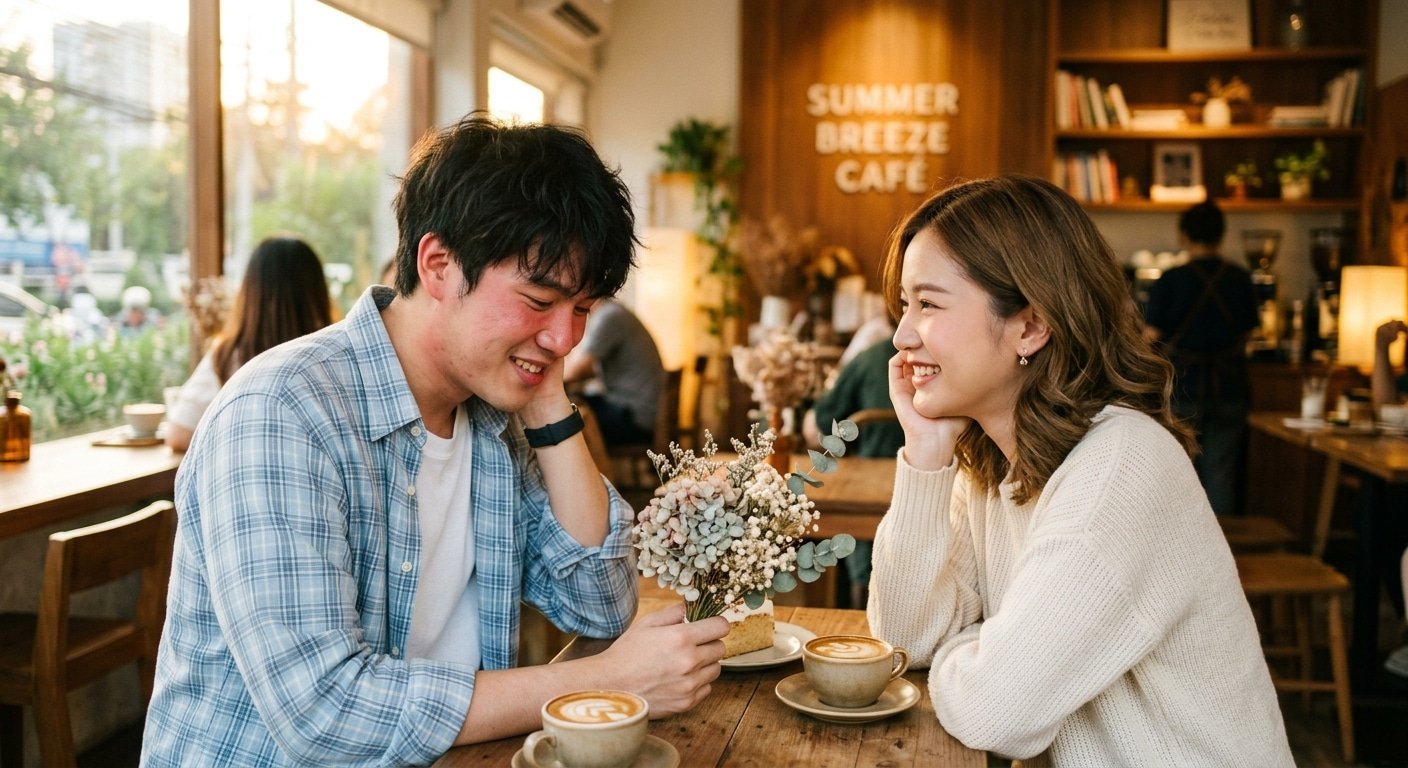 ชายคนหนึ่งมอบช่อดอกไม้เล็กๆ ให้แก่หญิงสาวที่ยิ้มแย้มที่โต๊ะในคาเฟ่ ซึ่งสะท้อนถึงโอกาสด้านความรักในเดือนตุลาคม ปี 2026.
