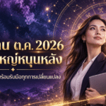 ผู้หญิงคนหนึ่งสวมชุดธุรกิจถือแท็บเล็ตอยู่หน้าฉากหลังแบบจักรวาล สำหรับคำทำนายดวงการงานเดือนตุลาคม 2026.