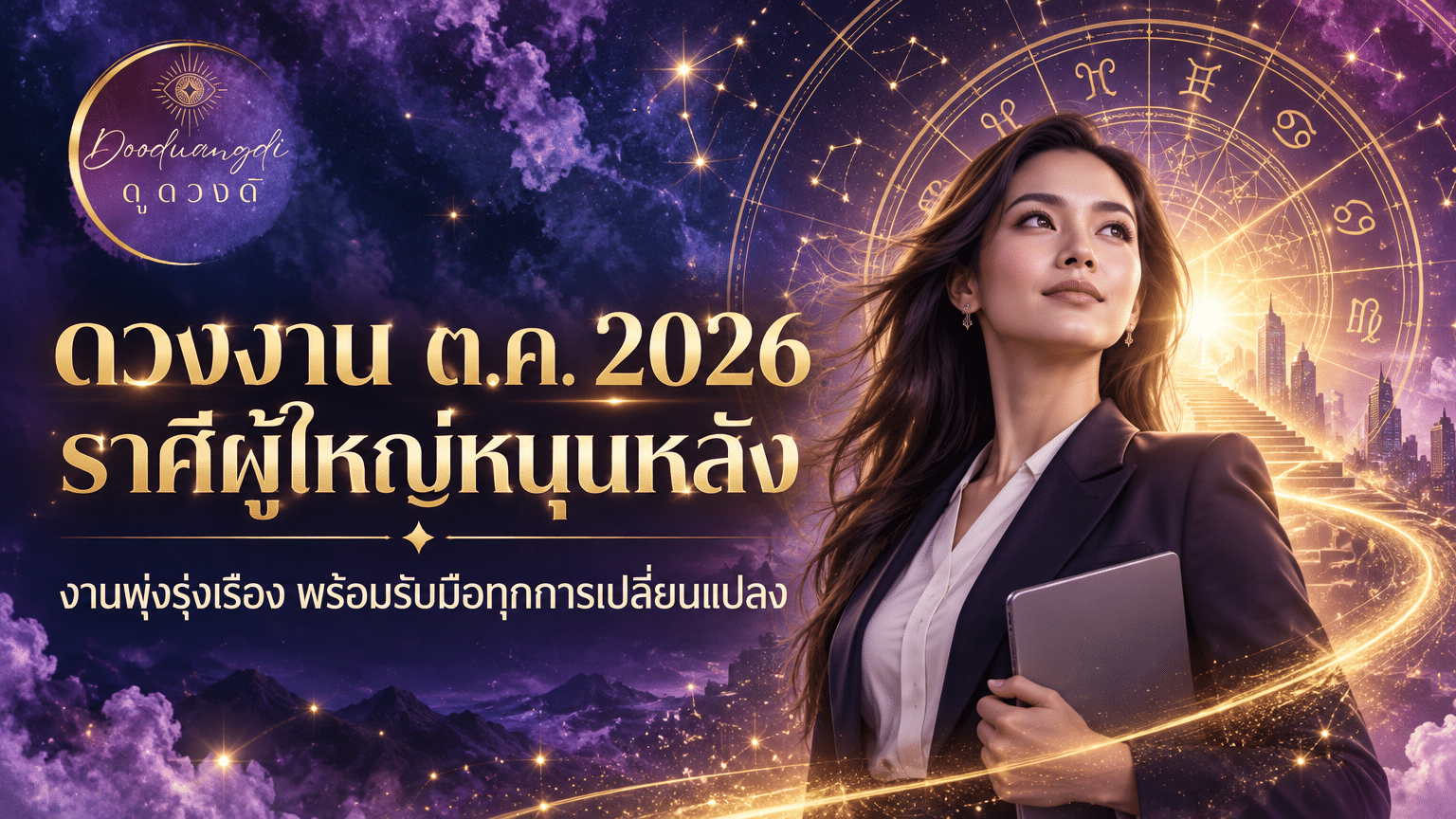 ผู้หญิงคนหนึ่งสวมชุดธุรกิจถือแท็บเล็ตอยู่หน้าฉากหลังแบบจักรวาล สำหรับคำทำนายดวงการงานเดือนตุลาคม 2026.